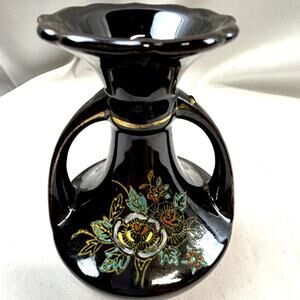 Japan Vase Double Handle Ceramic Hand Painted reddish brown 5.5" tall  4 wide